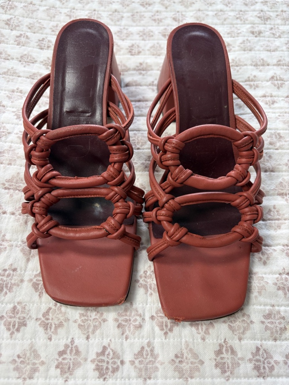 STAUD Knotted Strappy Slide Heels in Rust Brown